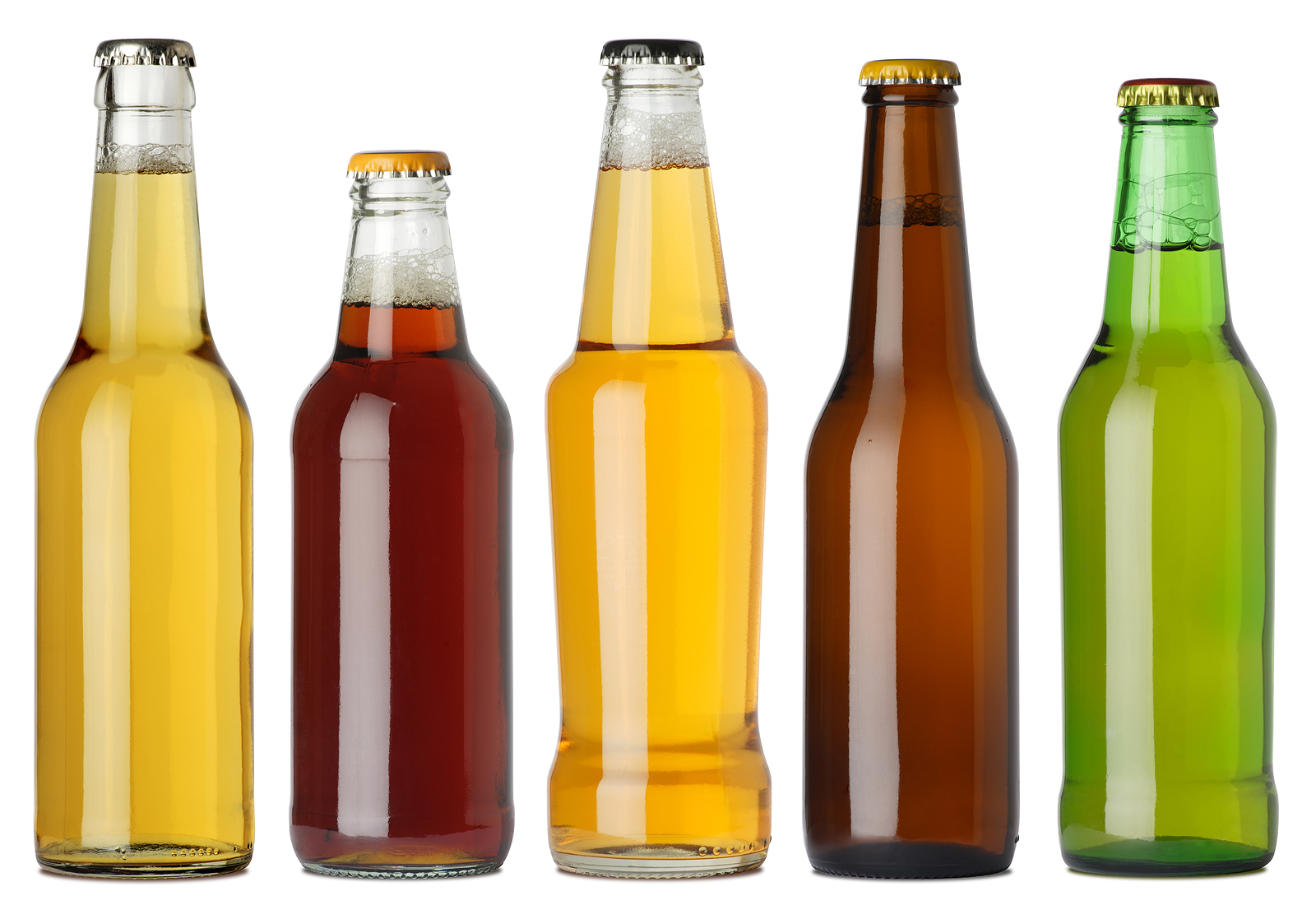 Photo of five different full beer bottles with no labels. Separate clipping path for each bottle included. Five separate photos merged together.